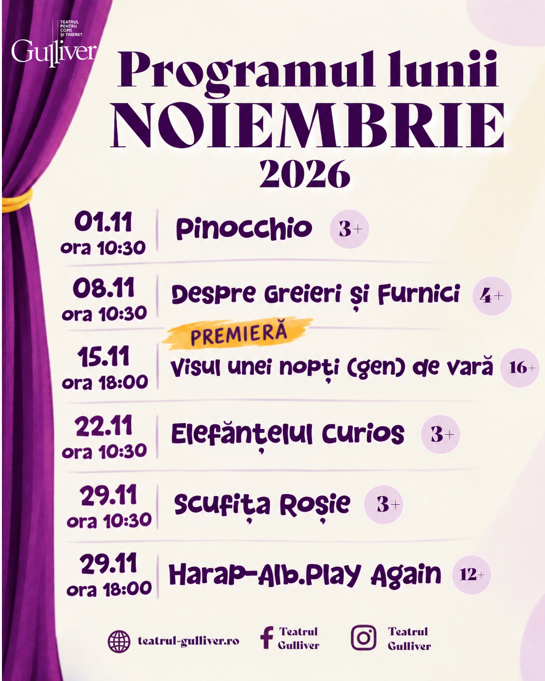 Teatrul “Gulliver” anunță o premieră și programul spectacolelor din noiembrie 2026